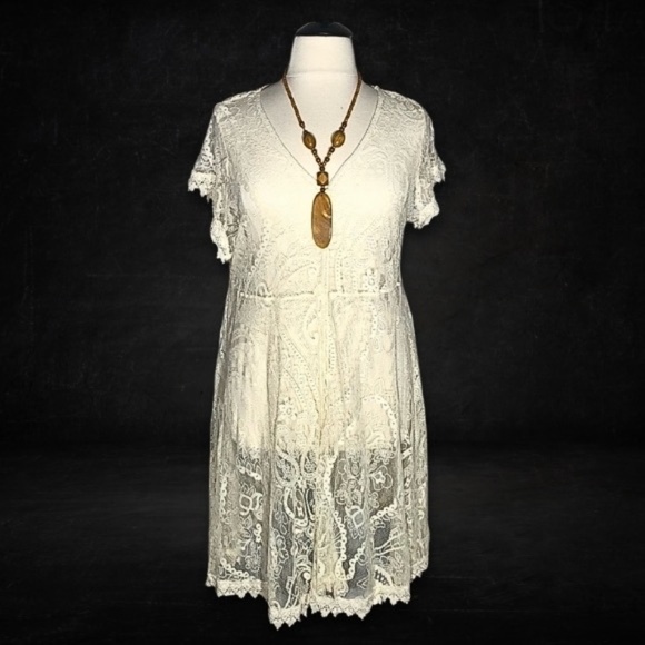 Vintage Cream Lace Victorian Midi Dress Flutter Sleeve 2X - Picture 1 of 13